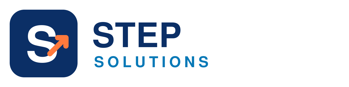 STEP Solutions logo in navy, blue, and orange